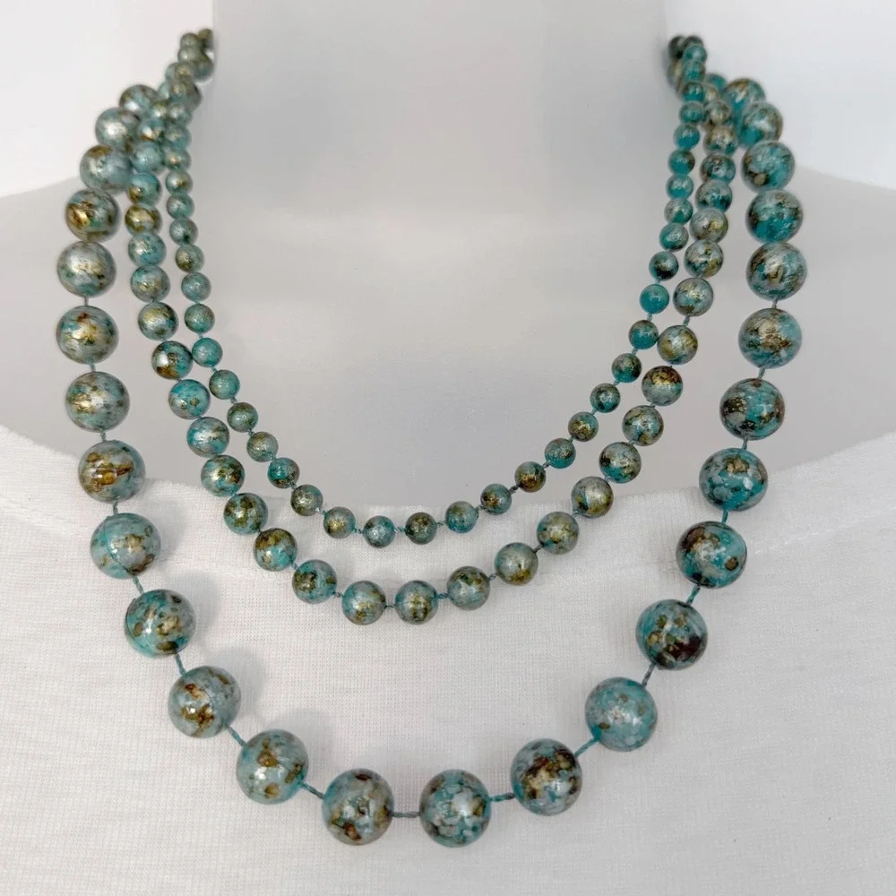 Teal Blue Gold Mottled Triple Strand Beaded Statement Necklace Graduated Layered